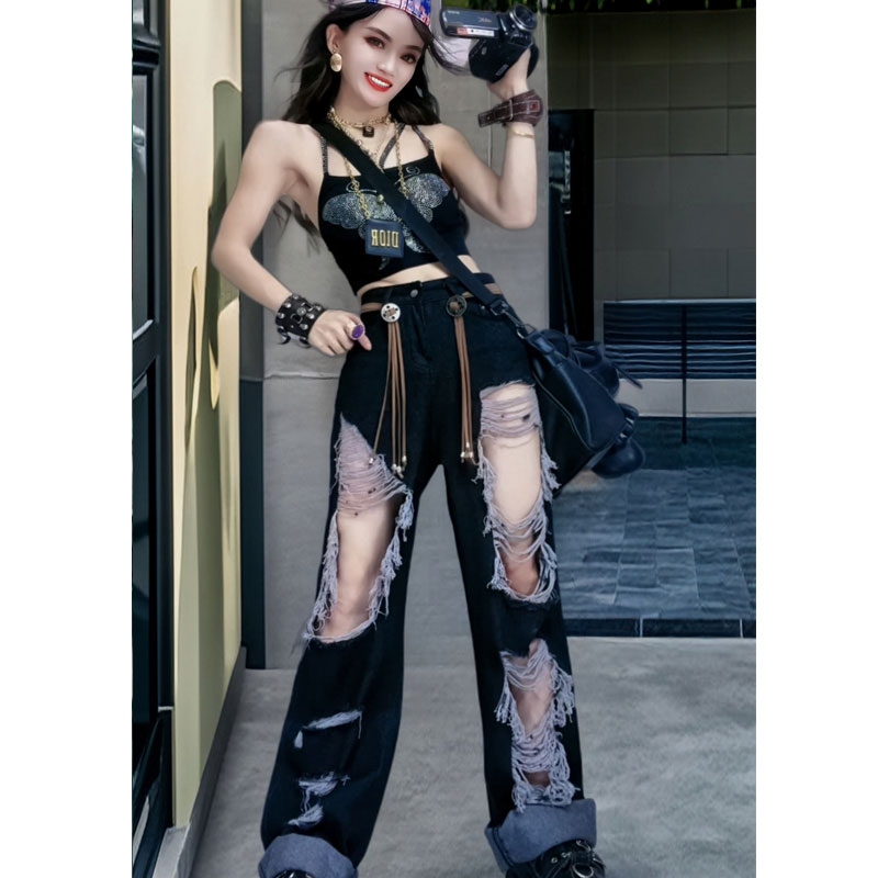 大码女装黑色大破洞牛仔裤女夏显瘦辣妹设计感阔腿直筒拖地长裤子