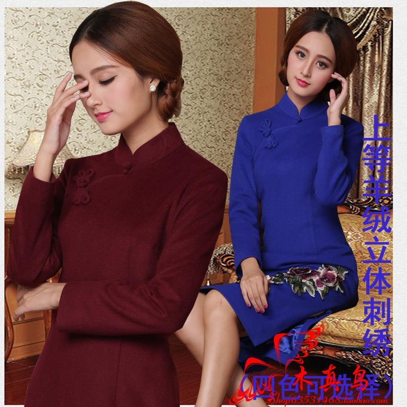 木真鸟羊绒旗袍妈妈装秋冬季新款时尚改良长袖妈妈旗袍礼服敬酒服