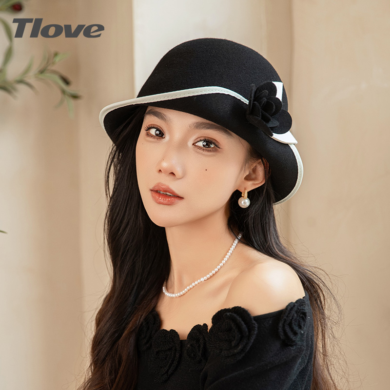 9540秋冬时尚黑色气质拼色渔夫帽冬季百搭优雅小众法式礼帽