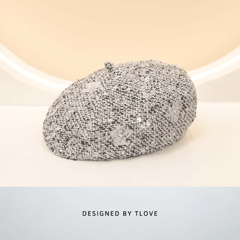 9683+9719TLOVE 新款时尚复古女士亮片针织大头围画家帽子贝雷帽