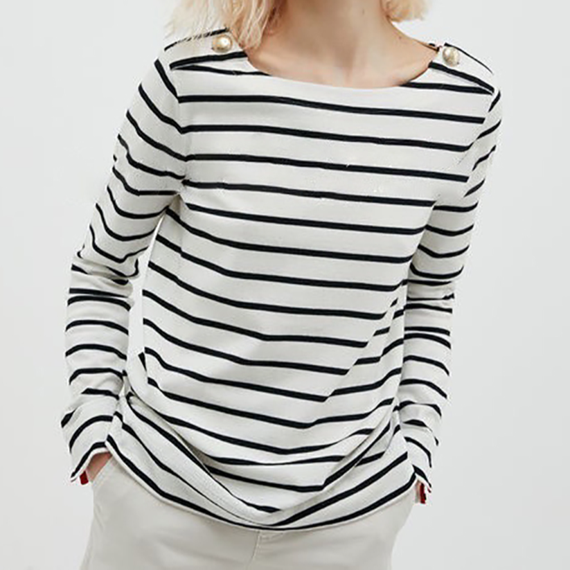 宝丫轻奢  女式海军风休闲撞色条纹长袖T恤上衣B9534