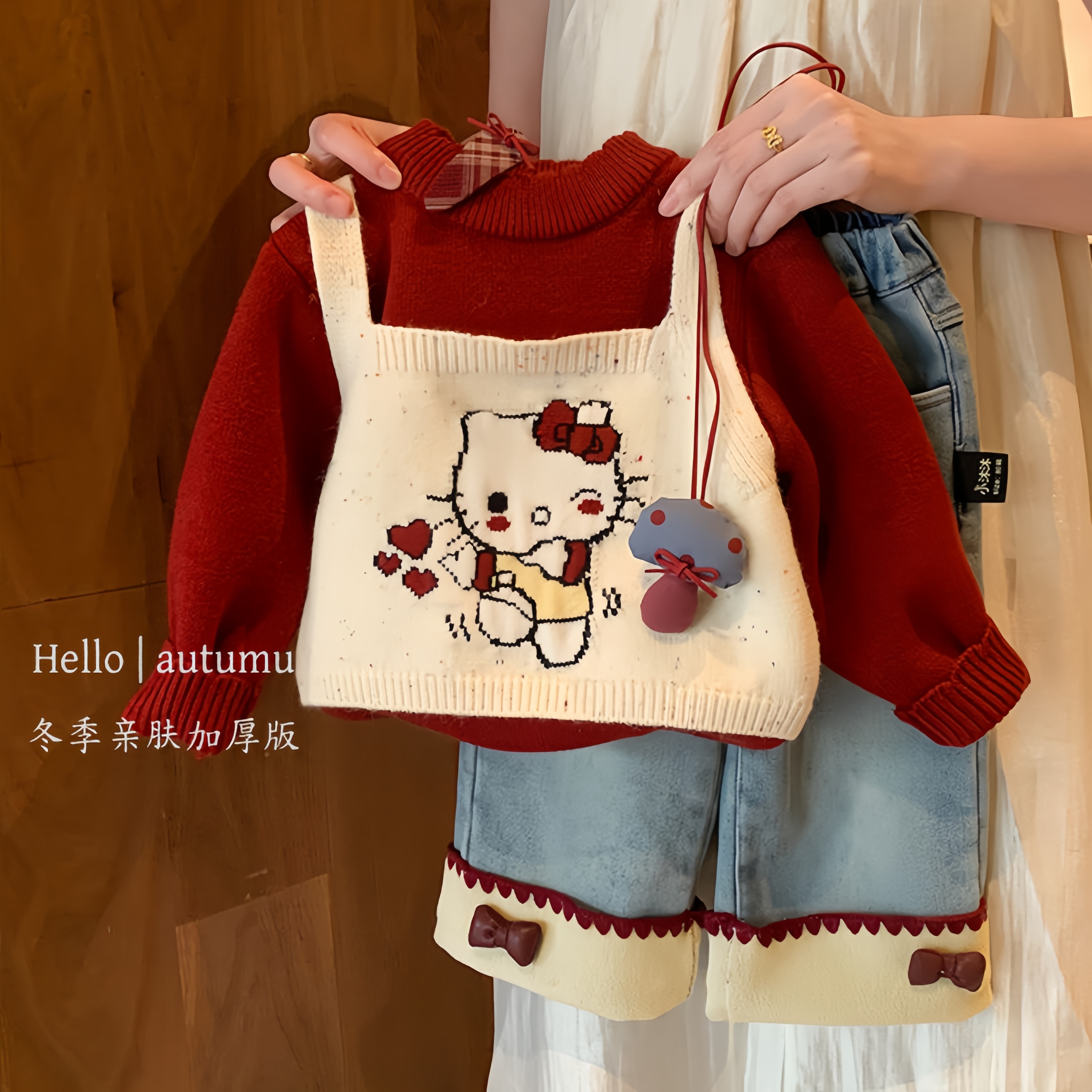 新年圣诞女童卡通hallo kite毛衣假两件新款冬装中小童加厚针织衫