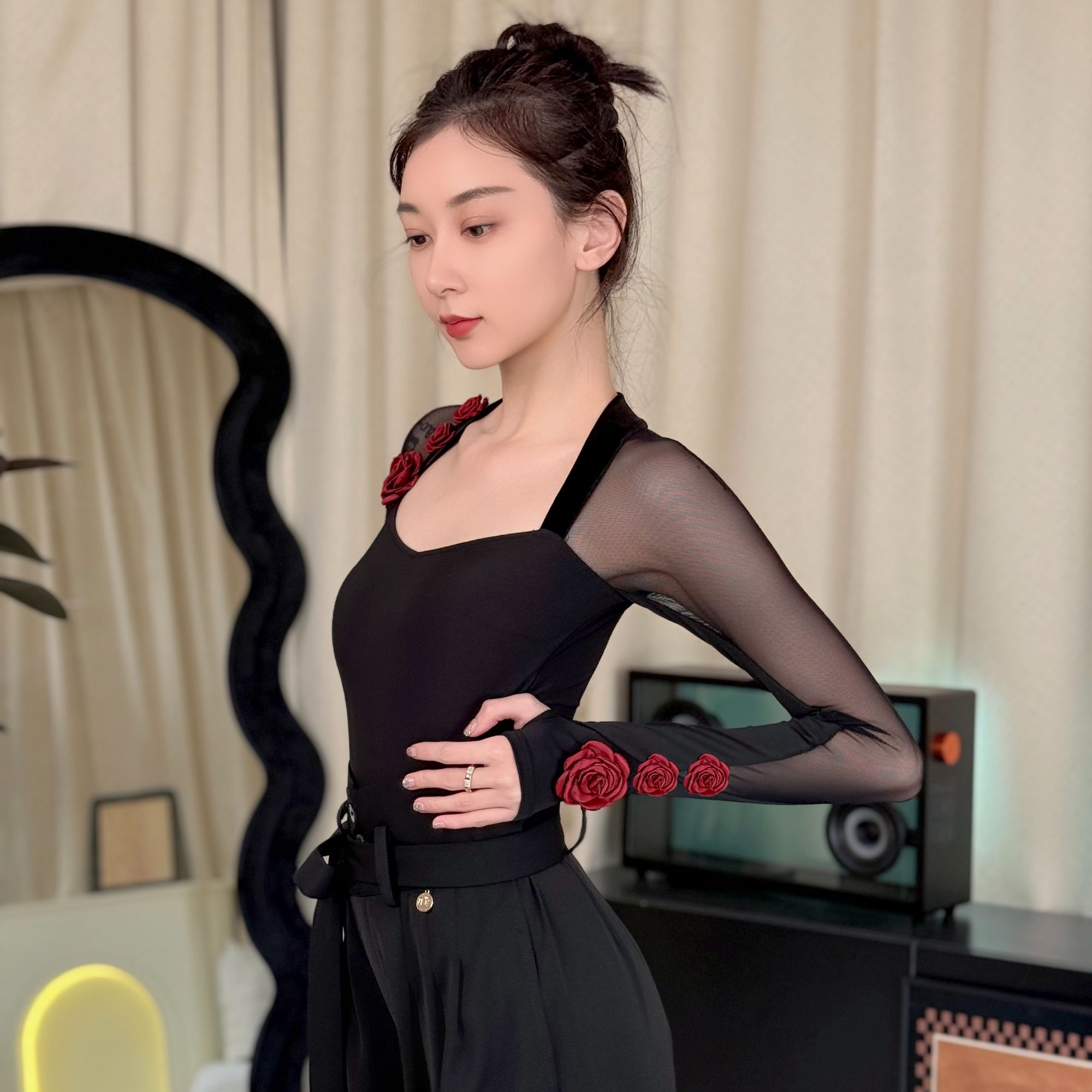 丹珍国标舞上衣新款女交谊舞摩登表演装跳舞性感舞衣吉特巴M16