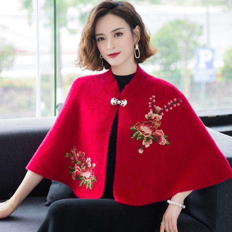 秋冬配旗袍披肩外搭女立领短款外套刺绣保暖红色妈妈水貂绒斗篷