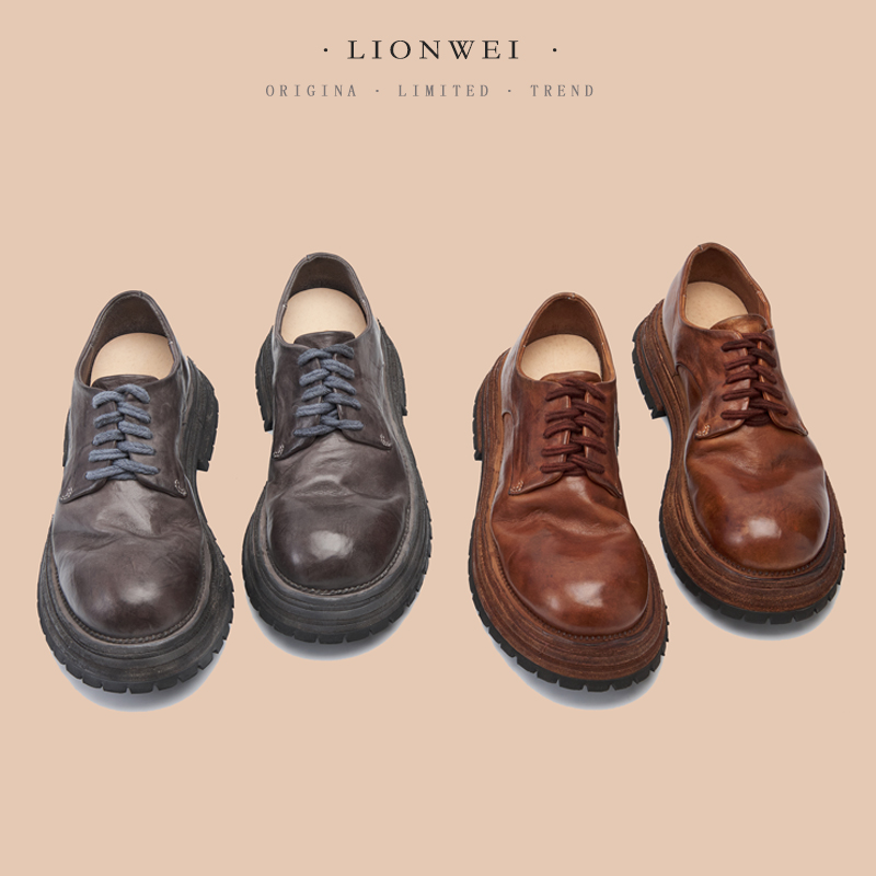 厚底增高大头德比鞋英伦复古休闲皮鞋男高级感马皮圆头真皮单潮鞋