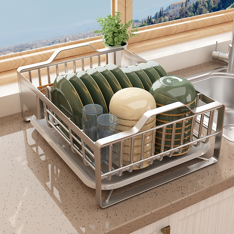 34不锈钢碗碟收纳架厨房置物架台式餐具沥水篮单层放碗筷收纳柜