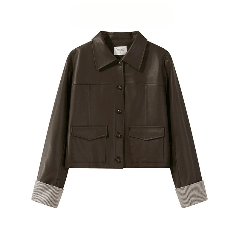 美式复古小翻领皮衣短外套宽松百搭夹克上衣