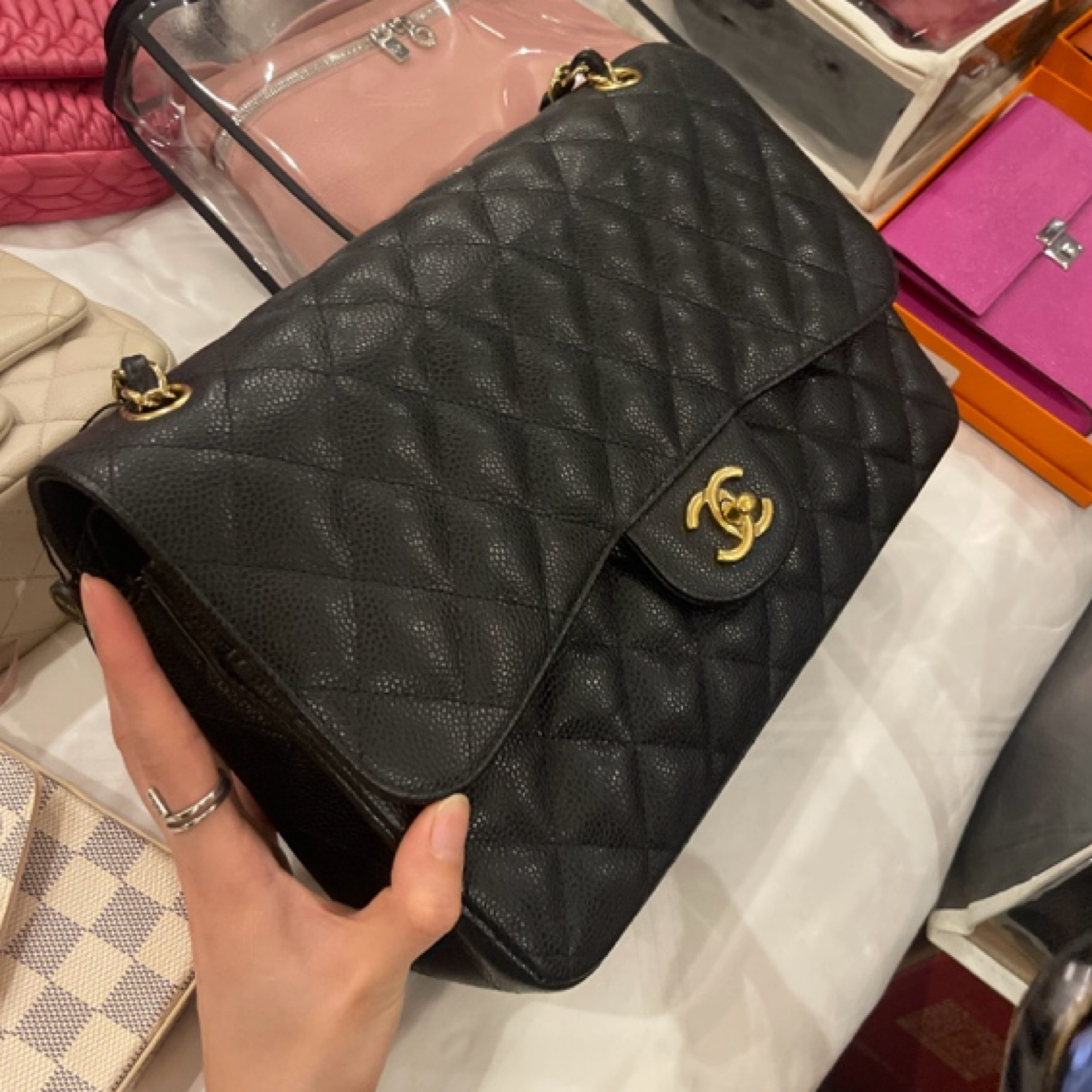 99新 Chanel/香奈儿 定金 黑金荔枝纹jumbo单肩包