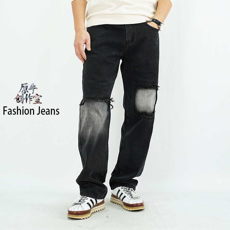 黑牛加厚美式男士男款宽松直筒裤垂感个性潮流设计感牛仔裤男款