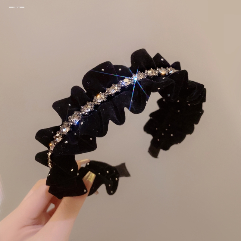 发饰百搭新款丝绒褶皱水钻发箍少女头饰高颅顶外出简约小众发捆