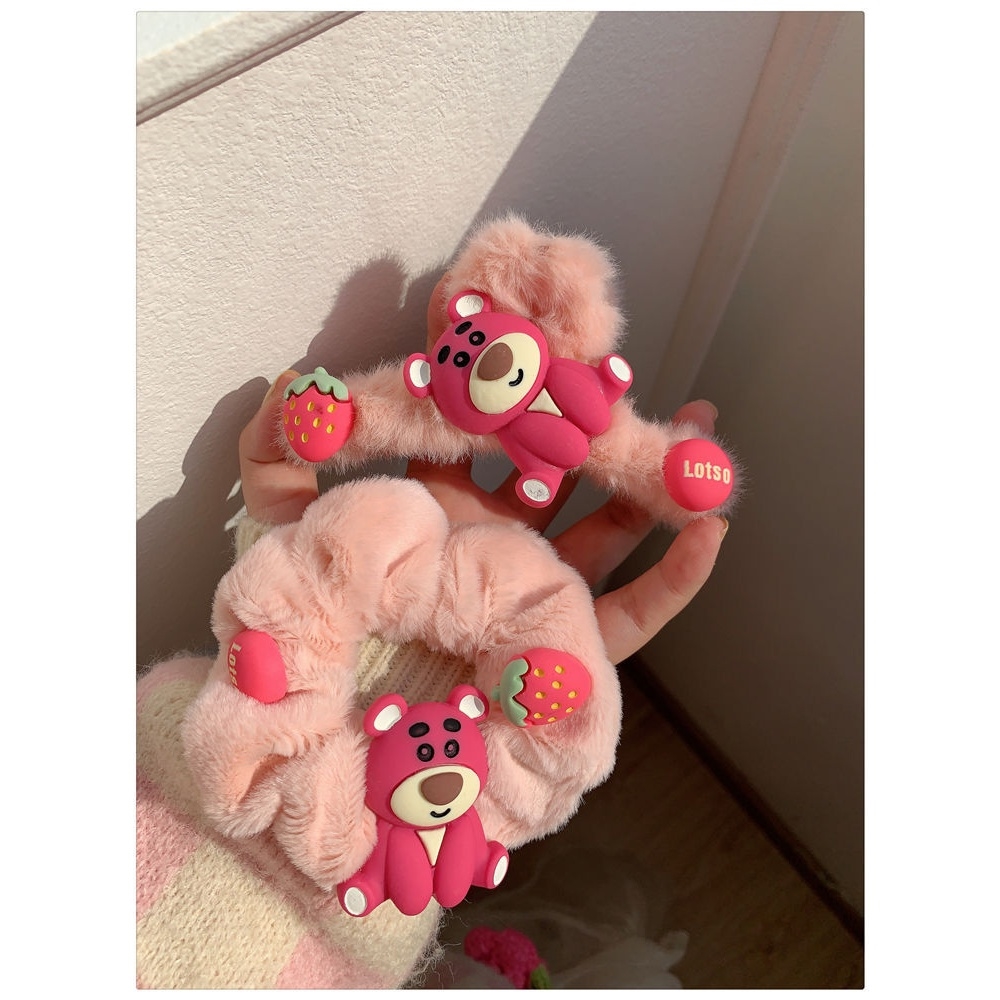 草莓熊毛绒发圈夹甜妹ins发圈2023时尚百搭气质小众韩系少女皮筋