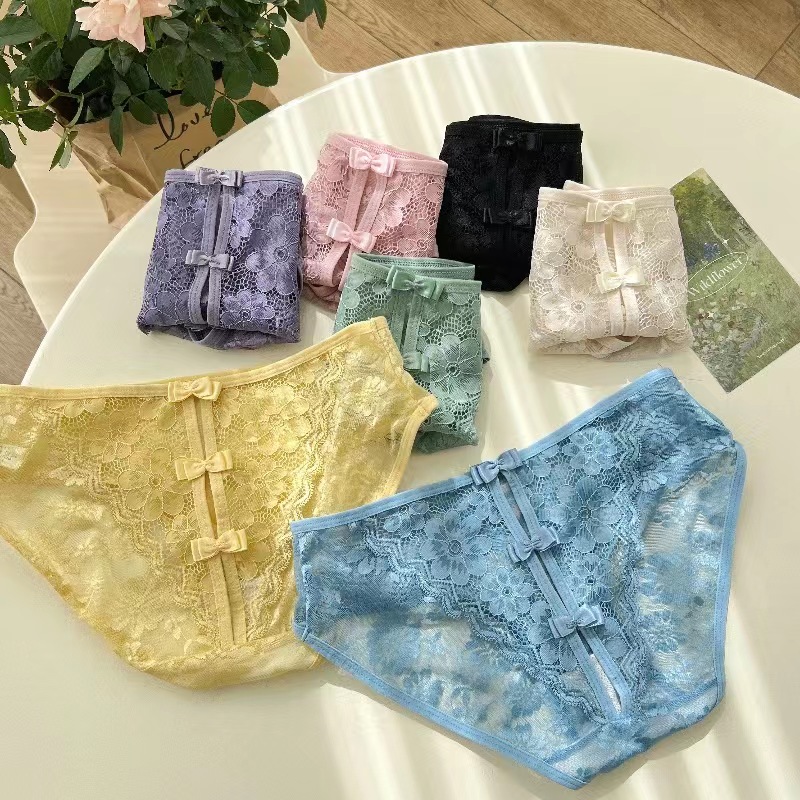 高档轻奢性感甜美蕾丝女内裤纯欲蝴蝶结镂空低腰舒适三角裤 