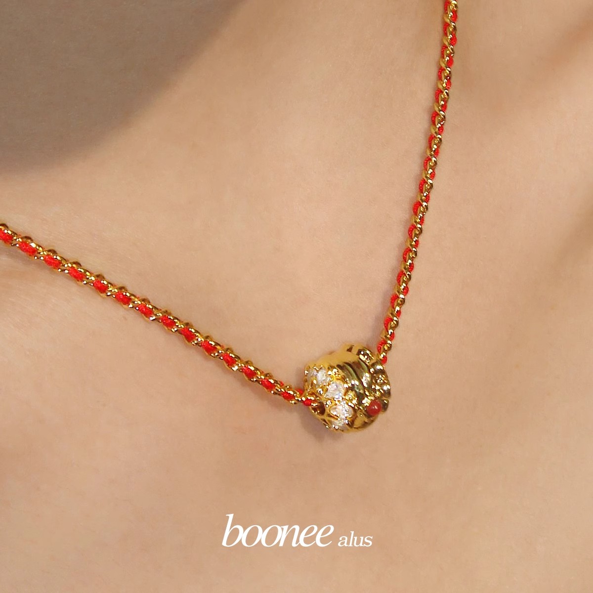 boonee alus 铜合金合成锆石项链 蛇年项链红绳金色项链