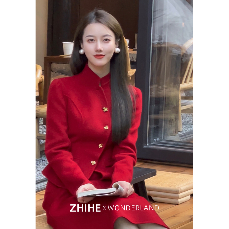 无艳一禾【倾城】100羊毛敬酒订婚结婚红色短款收腰双面呢大衣套装