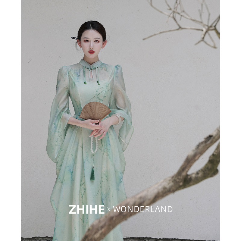 无艳一禾【千山翠】新中式水滴领直角肩设计感连衣裙套装