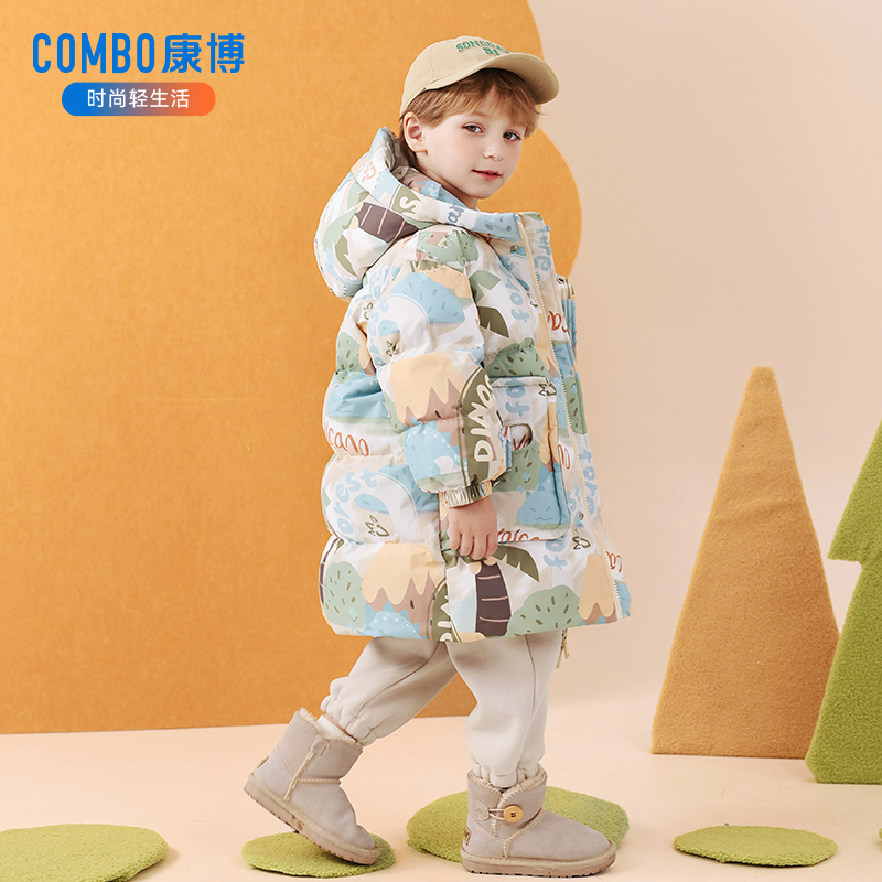 combo/康博2025新款儿童连帽羽绒服时尚中长款加厚外套保暖男童
