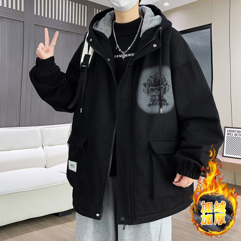 2024年冬季新款加绒加厚棉服男士初中生外套男14到16岁青少年潮流