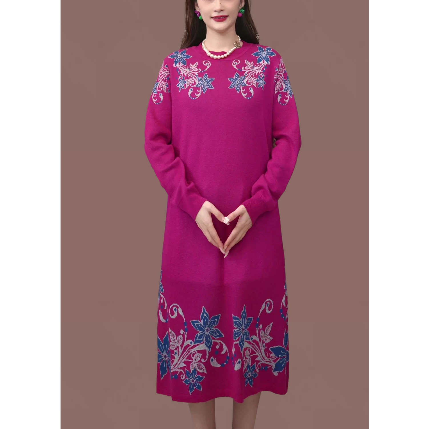 玫红花开 长裙新款秋冬加厚针织连衣裙女装