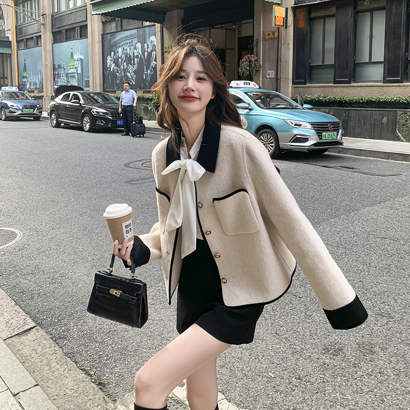 撞色翻领小香风双面羊毛毛呢外套女短款小个子高级感法式羊毛呢子