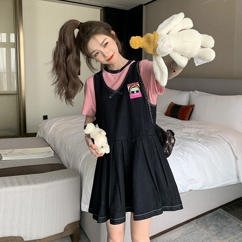 牛仔背带宽松连衣裙套装女夏季韩版气质减龄日系少女网红A字裙子