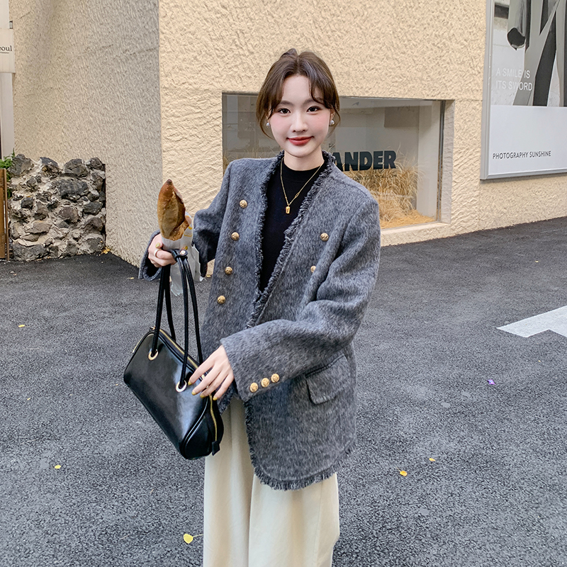 灰色小香风西装外套女2025春装新款韩系名媛气质高级感毛呢小西服