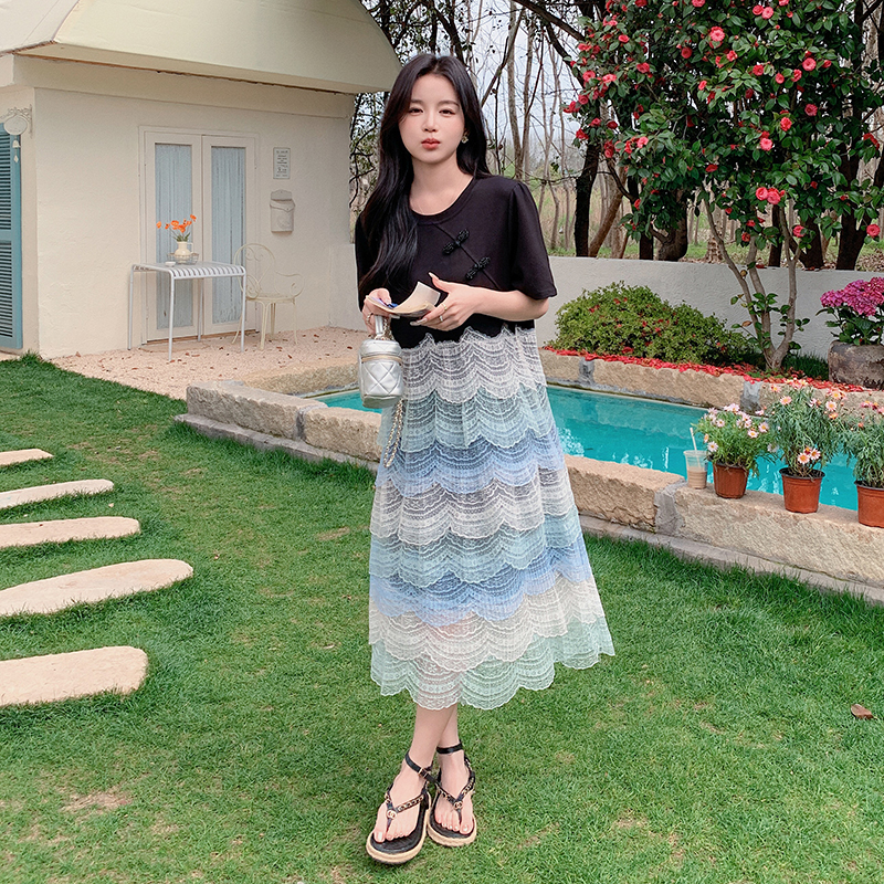 法式小众设计感蕾丝拼接连衣裙女中长款2024夏季新款小个子蛋糕裙