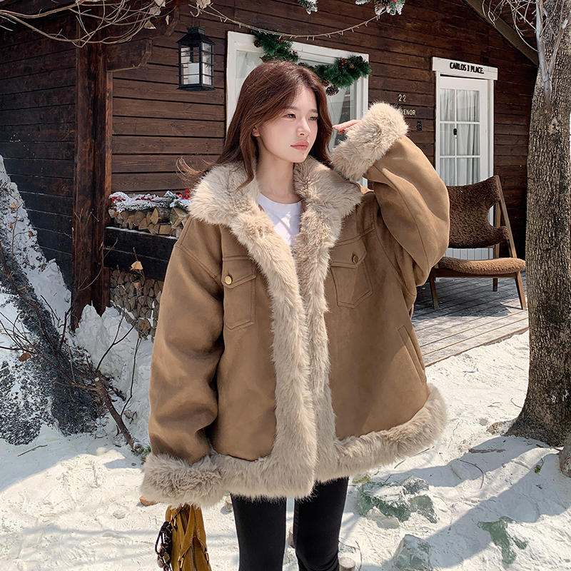 美拉德ins皮毛一体外套女2025新款冬季加厚保暖毛毛棉衣派克服