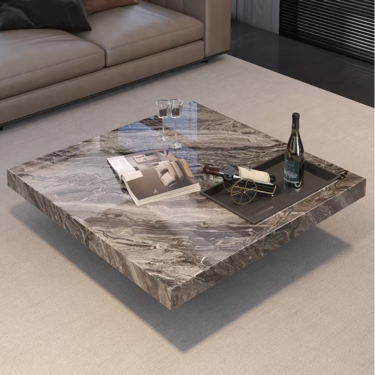 天然威尼斯棕奢石茶几家用意式极简轻奢高端客厅正方型悬浮茶几桌