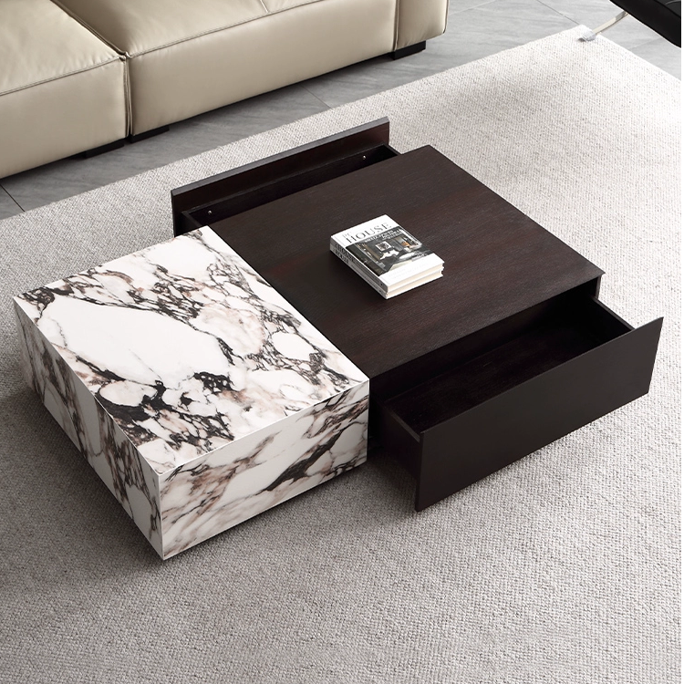 意式极简岩板茶几小户型烟熏色实木带储物客厅家用岩板茶桌长方形