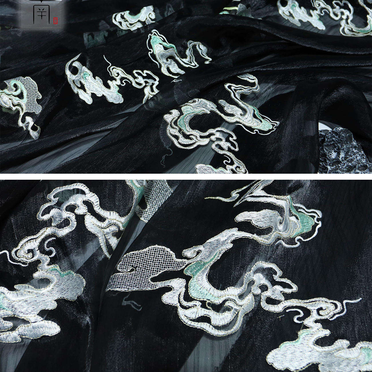 图南原创山云纹重工绣花面料千里江山汉服褶裙马面童装大绣山布料