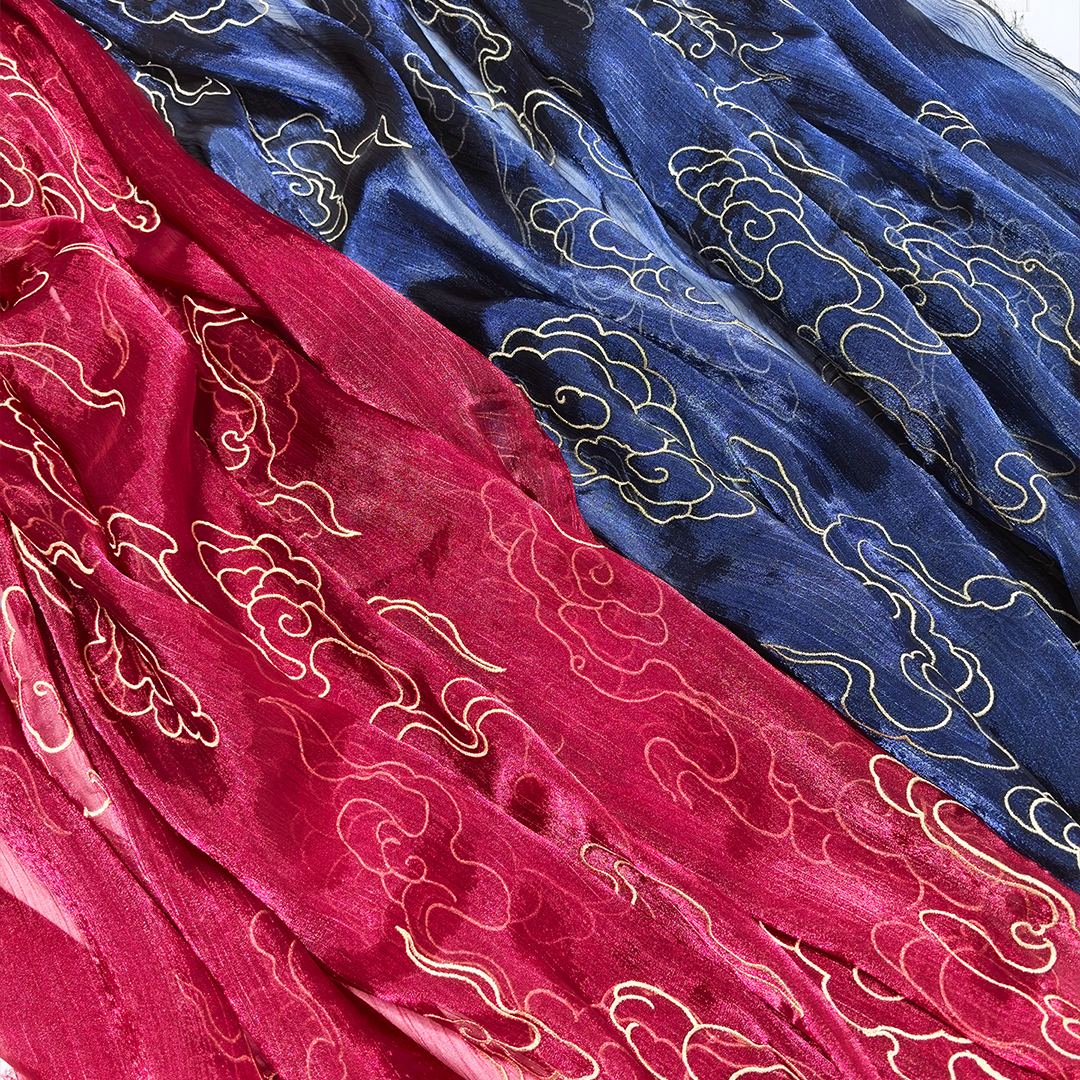 图南原创满袖云纹布料汉服国风襦裙渐变重工刺绣毕业设计diy面料