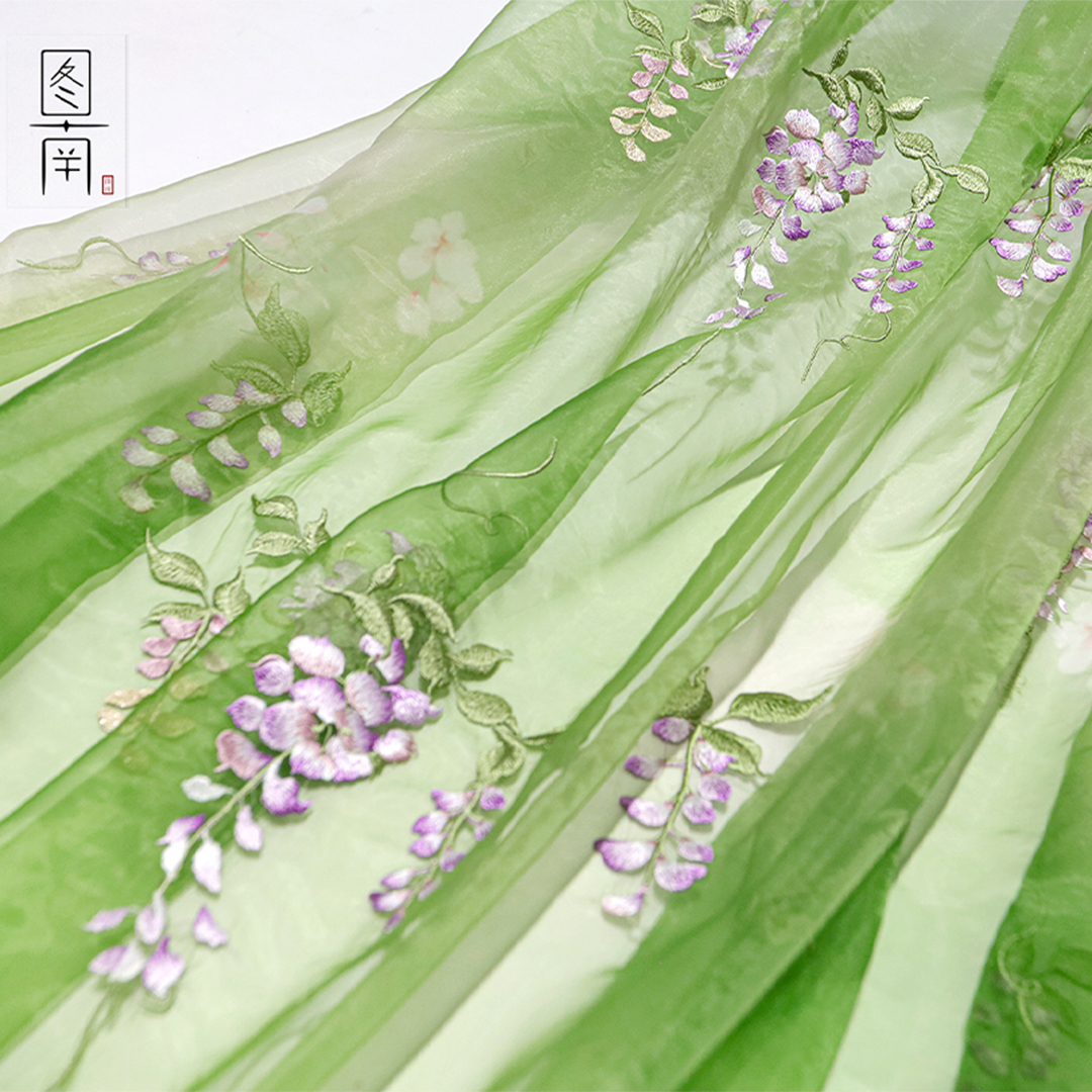 图南紫藤绣花布料汉服古风旗袍布料夏季襦裙童装娃衣面料设计师
