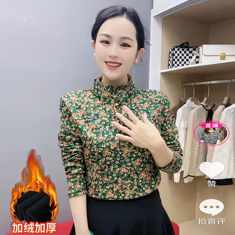 秋冬季打底衫女加绒加厚保暖长袖时尚百搭修身半高领碎花上衣显瘦