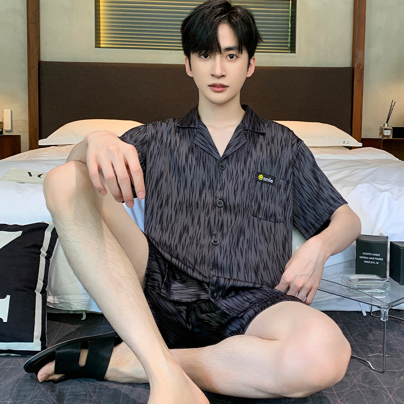 2024新款夏季冰丝条纹男士睡衣短袖薄款大码家居服套装青年网红
