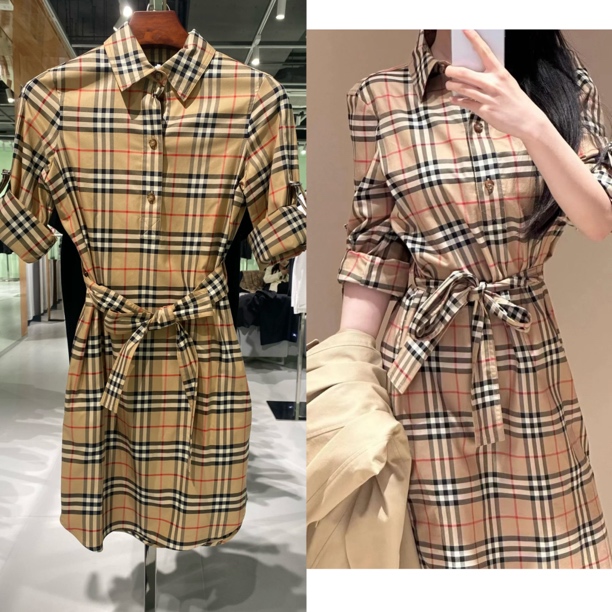 未使用 BURBERRY/博柏利 女款典藏米色格纹衬衫款式长袖连衣裙