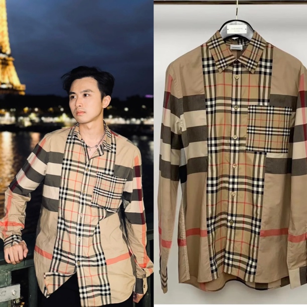 未使用 BURBERRY/博柏利 男款限量驼色拼接格纹长袖衬衫 格子衬衣