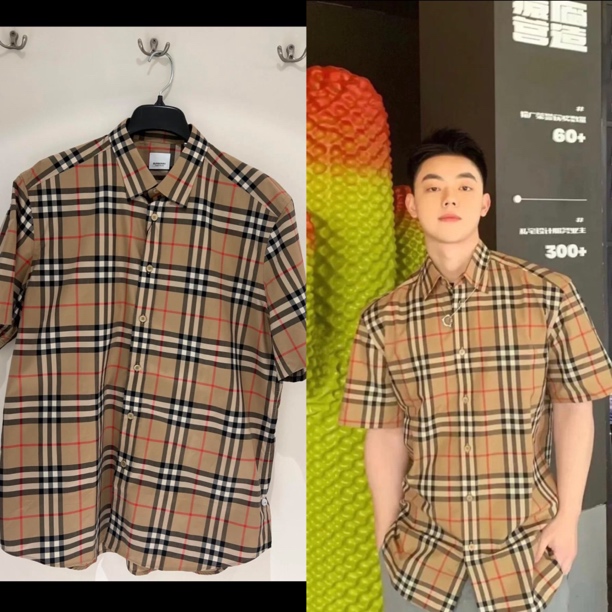 未使用 BURBERRY/博柏利 男款典藏米色格纹短袖衬衫 8020869