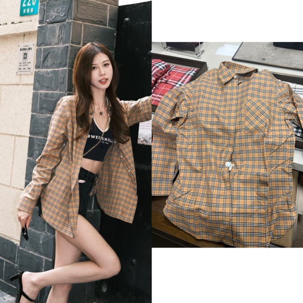 未使用 BURBERRY/博柏利 女款驼黄色格纹口袋长袖衬衫 衬衣