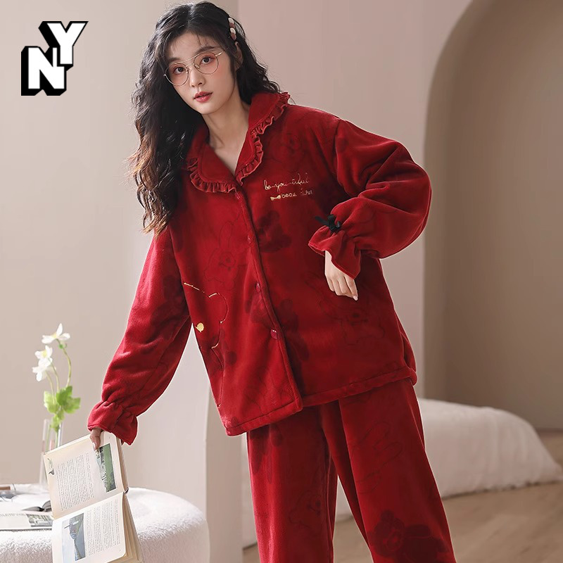NY珊瑚绒睡衣女秋冬季加厚套装大红色本命年喜庆新娘法兰绒家居服
