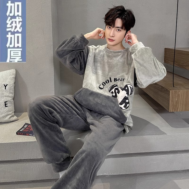维多利亚珊瑚绒睡衣男冬季加绒加厚青少年卡通暴力小熊家居服套装