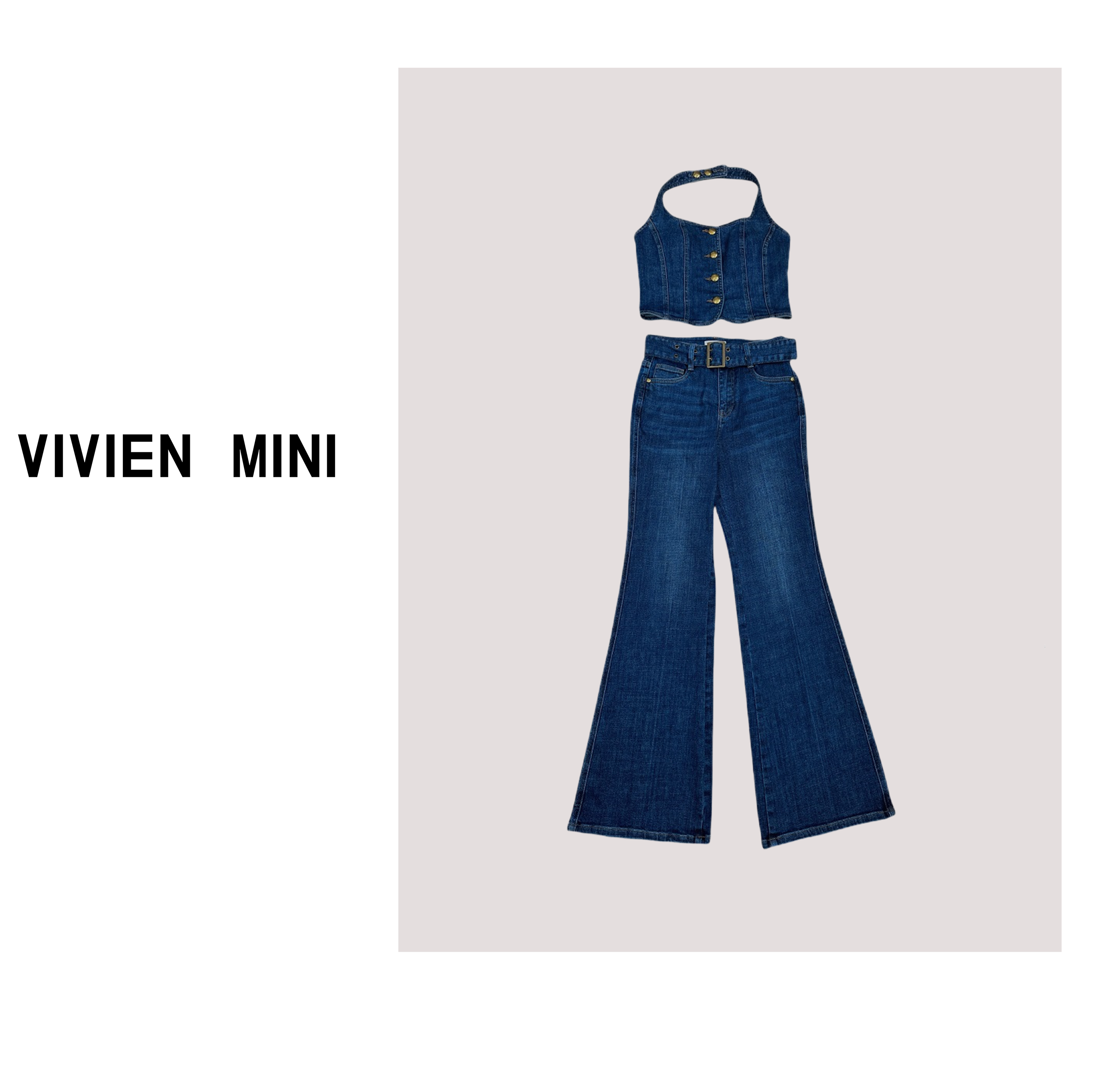VIVIEN MINI【现货】时尚设计师款复古无袖挂脖背心+微喇牛仔裤套装
