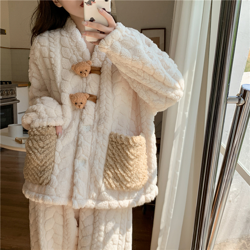 网红小熊睡衣女冬珊瑚绒加厚法兰绒秋冬季学生韩版保暖家居服套装