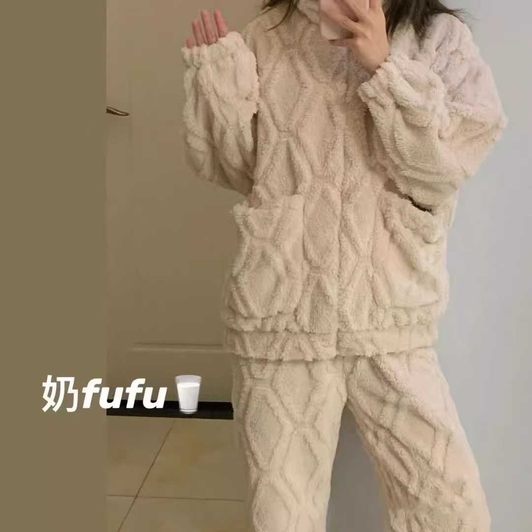 杏色拉链珊瑚绒情侣睡衣男女款爆款2024新款加绒加厚保暖家居服