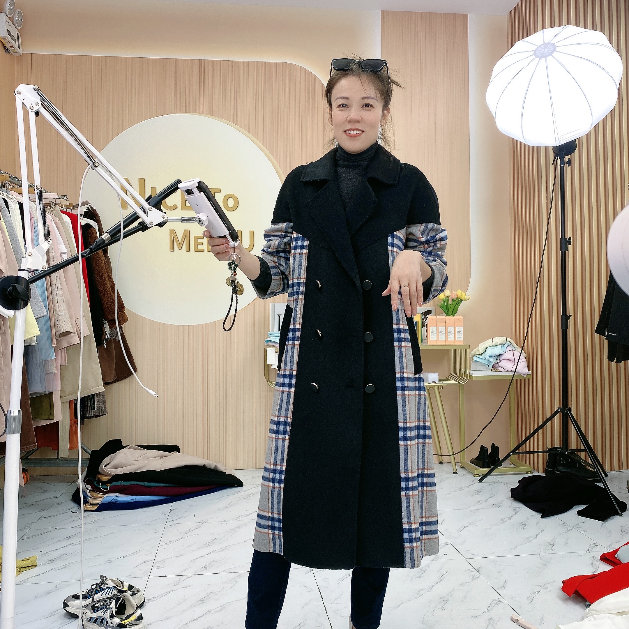 2023秋冬中长款双排扣拼色羊毛双面大衣 2023324