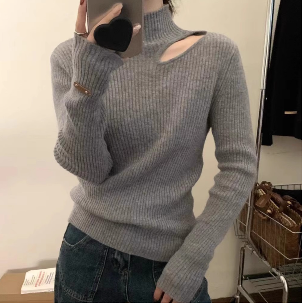 法式气质半高领复古内搭针织打底衫女秋设计感小众外穿漏锁骨上衣