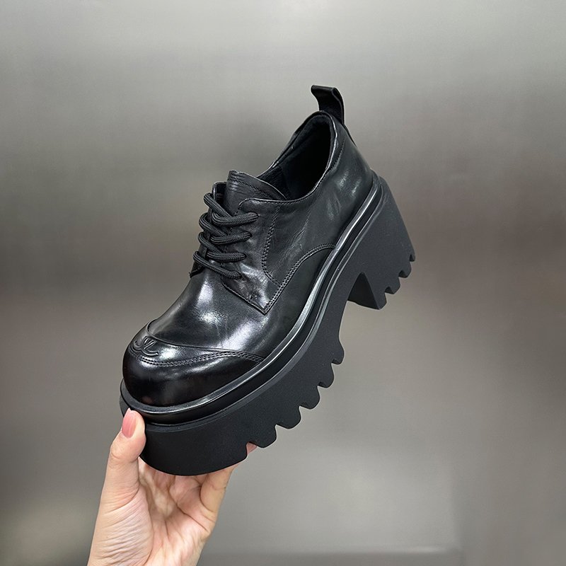 【左右华菲】8cm欧货厚底乐福鞋2025早春新款百搭黑色商务圆头真皮