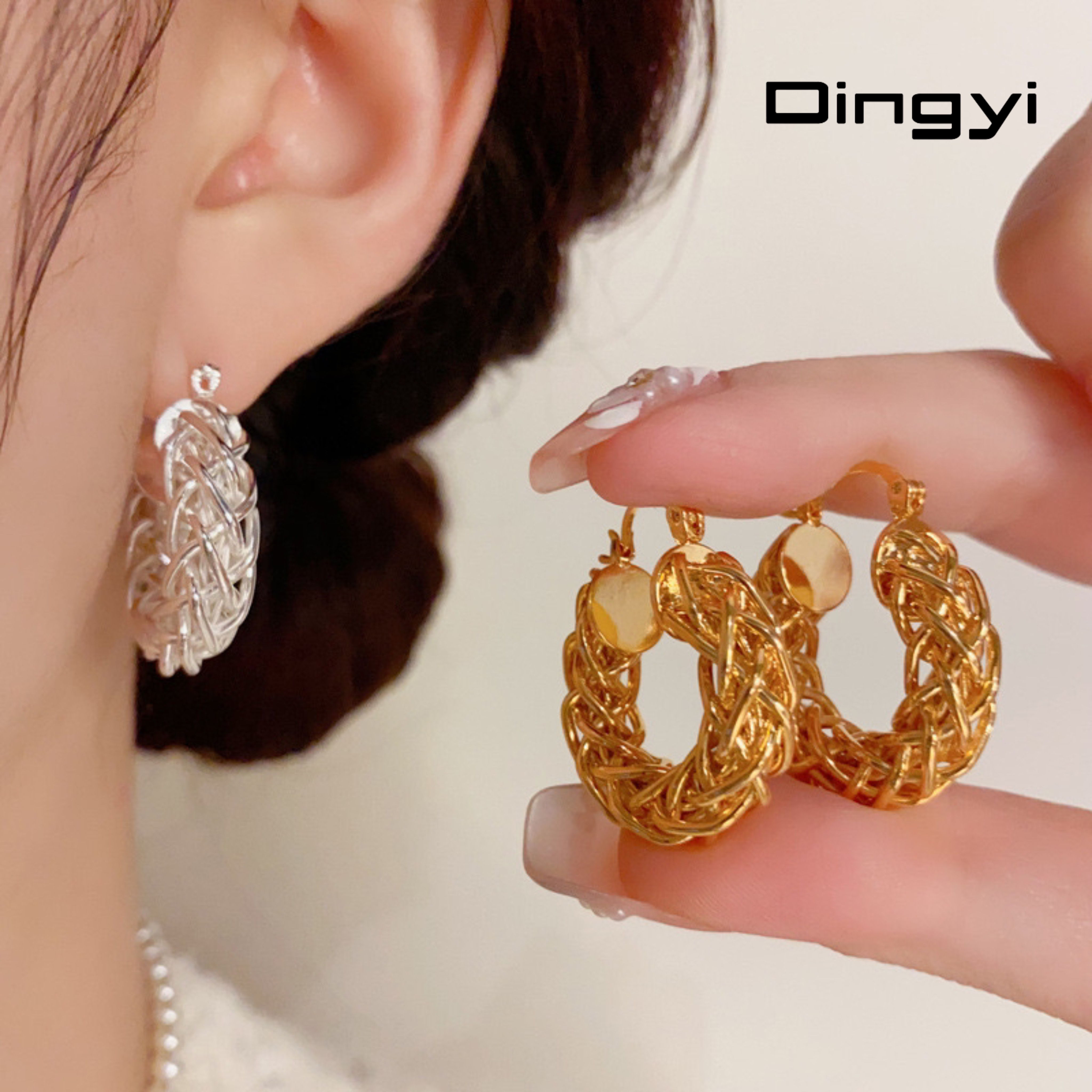 铜合金耳饰 欧美风几何金属麻花编织耳扣个性时尚轻奢小众