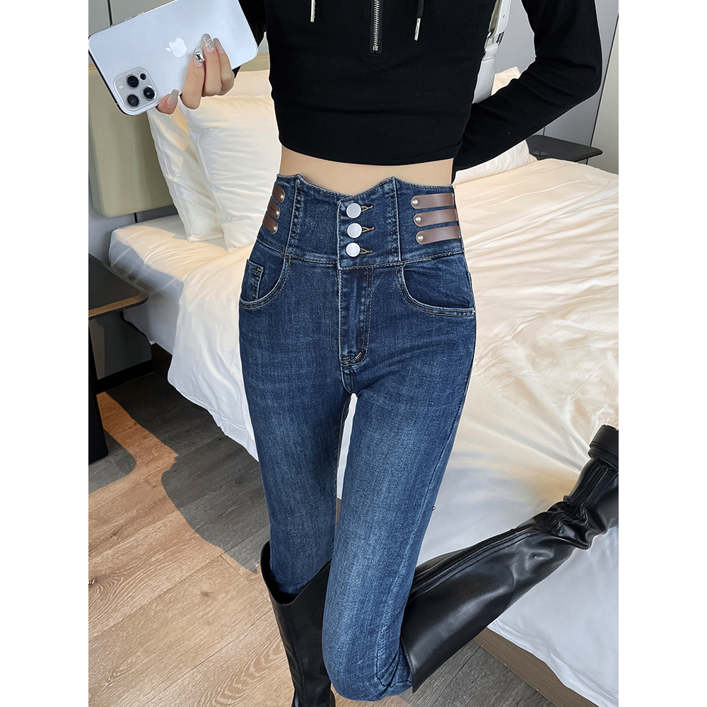 杜拉妮超高腰加绒牛仔裤女秋冬季新款紧身显瘦三排扣小脚铅笔裤子