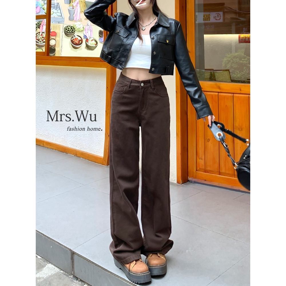 杜拉妮复古直筒牛仔裤女秋季加绒小个子垂感美式深色阔腿拖地裤子