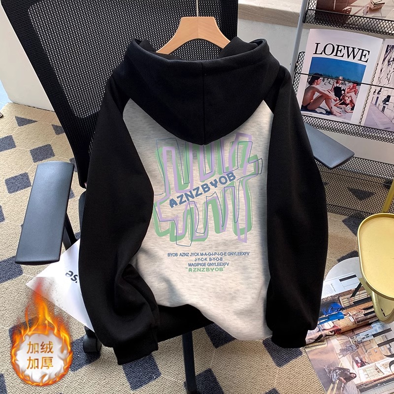 杜拉妮美式复古撞色卫衣女秋冬欧美加绒连帽上衣oversize外套潮